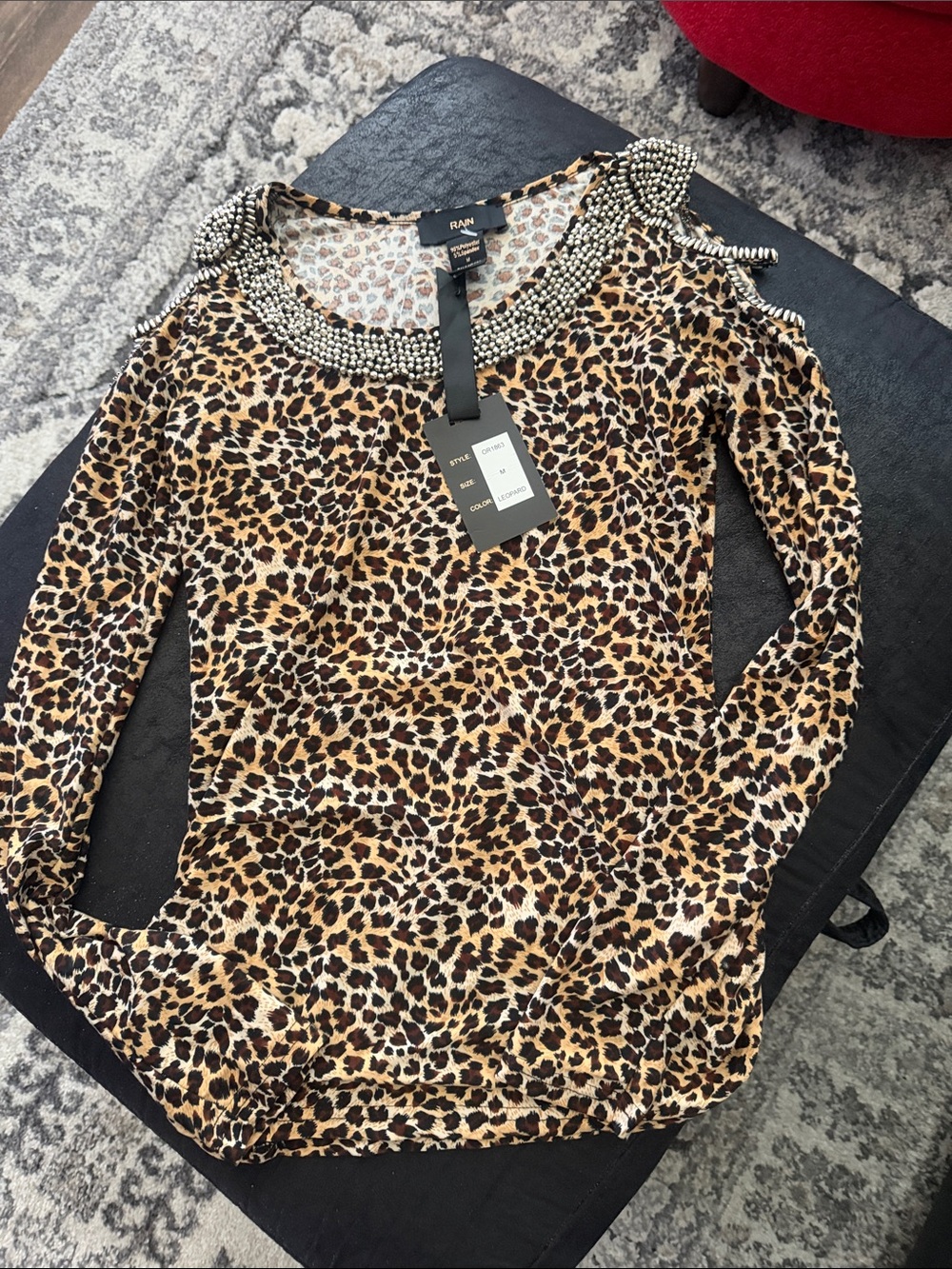 Bejeweled Leopard Print Long Sleeve Top